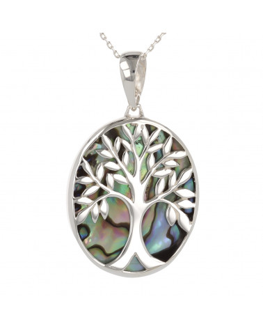 Schmuck-Geschenk-Symbol Baum des Lebens-Anhänger-Perlmutt Abalone-Silber-Oval-Unisex