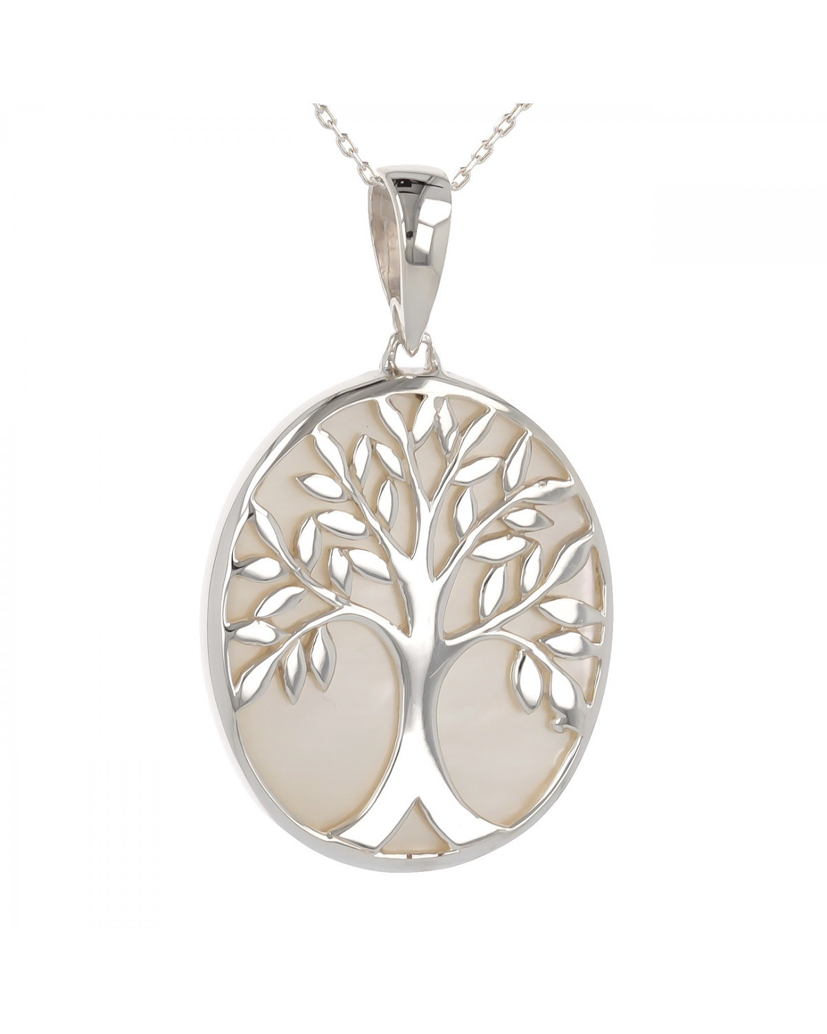 925 Sterling Silver White Mother-of-pearl Tree of Life Oval Shape Pendant