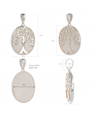 Schmuck-Geschenk-Symbol Baum des Lebens-Anhänger-Perlmutt weiss-Silber-Oval-Unisex