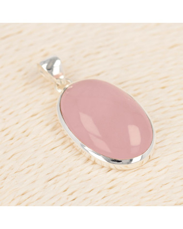 lithothérapie-Pink quartz cabochon pendant oval shape on silver mount-Single piece