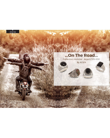 Bague biker en pierre d'onyx ovale noire et Argent massif effet vieillit