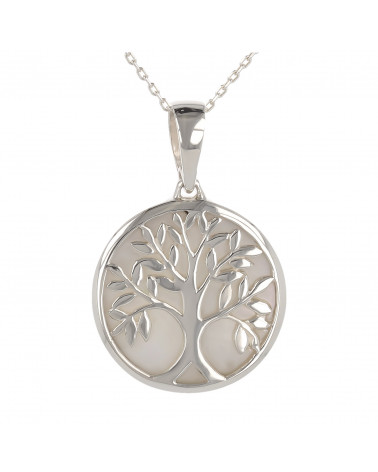 Schmuck-Geschenk-Symbol Baum des Lebens-Anhänger-Weiss Perlmutt-Silber-Rund-Unisex