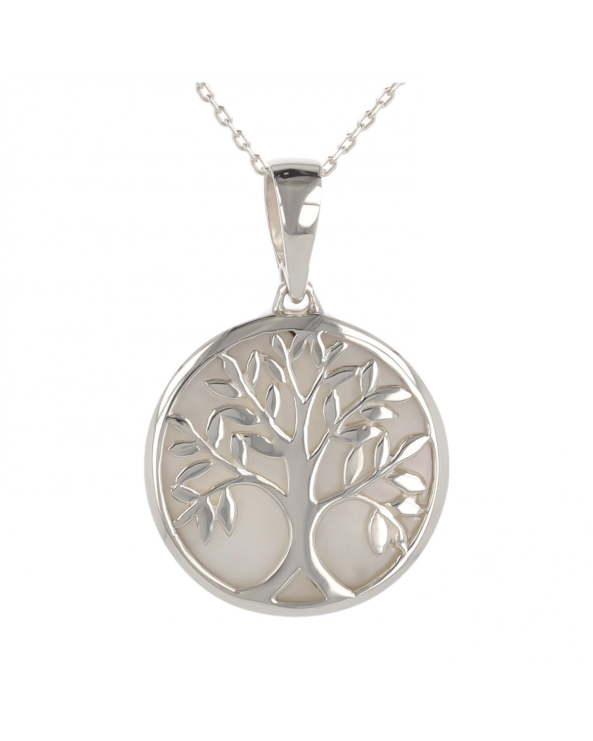 Schmuck-Geschenk-Symbol Baum des Lebens-Anhänger-Weiss Perlmutt-Silber-Rund-Unisex