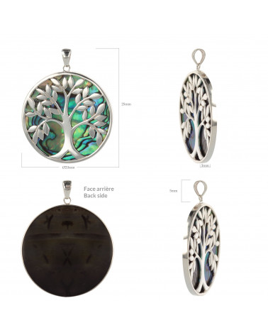 Jewelery Gift Symbol Tree of Life-Pendant - Mother of Pearl Abalone- Sterling Silver-Round-Unisex