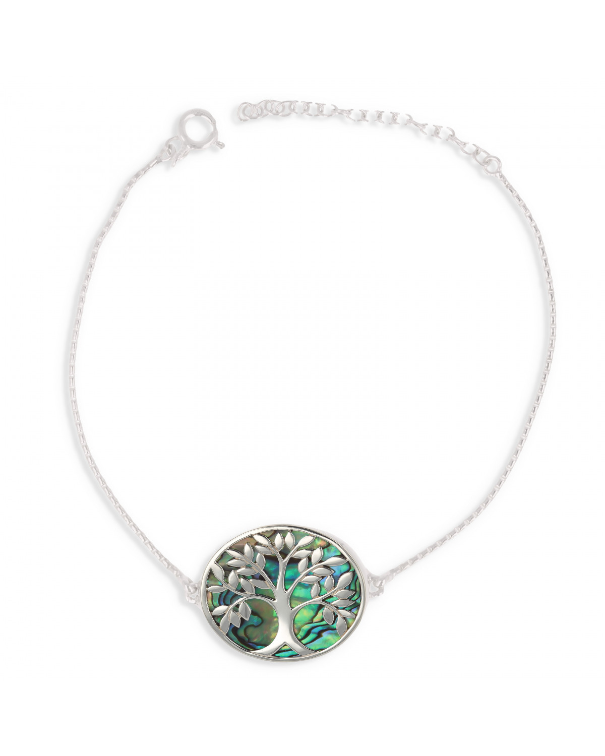 Bracelet réglable Nacre abalone sur argent massif rhodié arbre de vie forme ovale