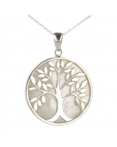 Símbolo de joyería de regalo Árbol de la vida-Colgante- Madreperla blanca- Plata rodio-redondo-unisex