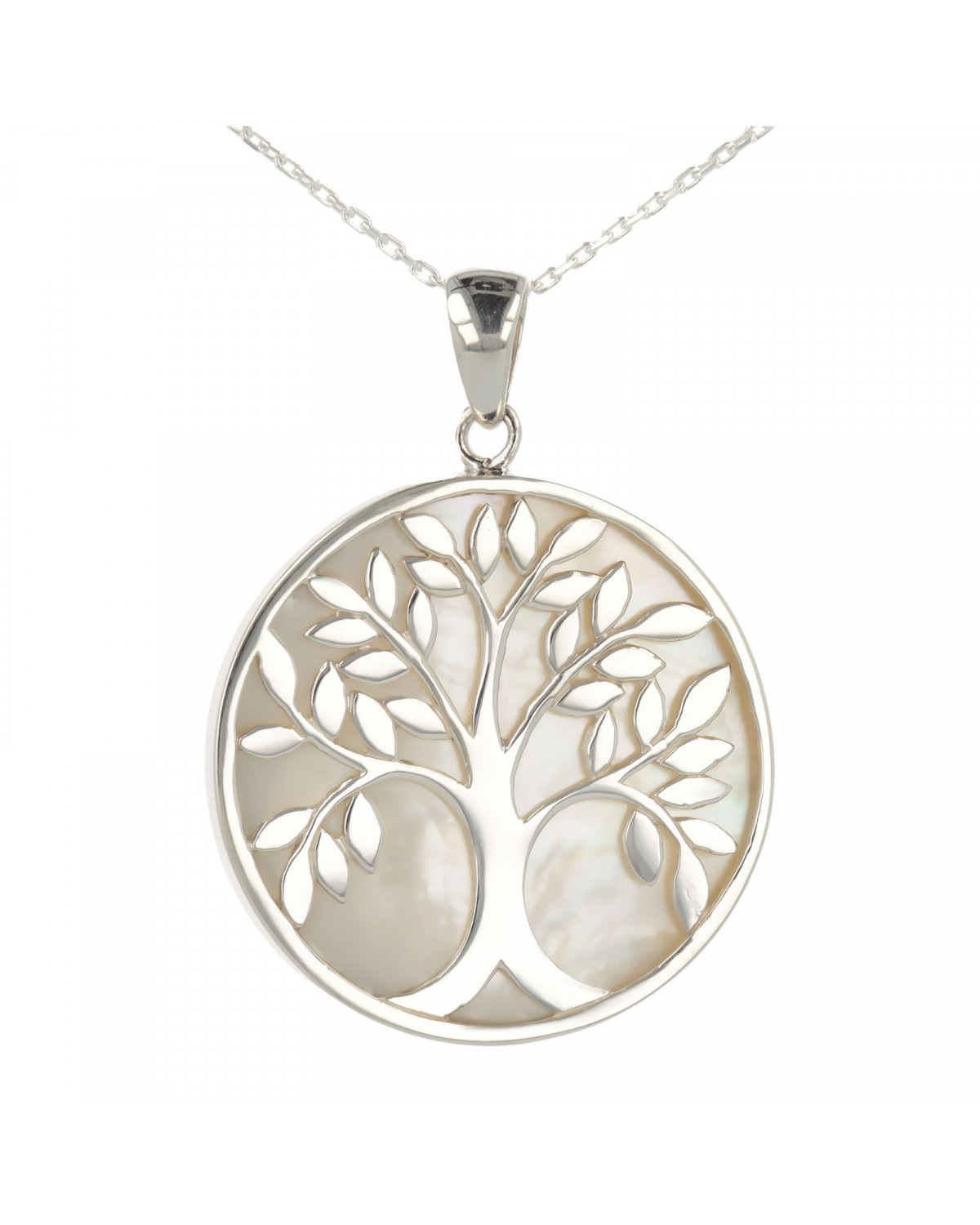 925 Sterling Silver White Mother-of-pearl Tree of Life Round Shape Pendant