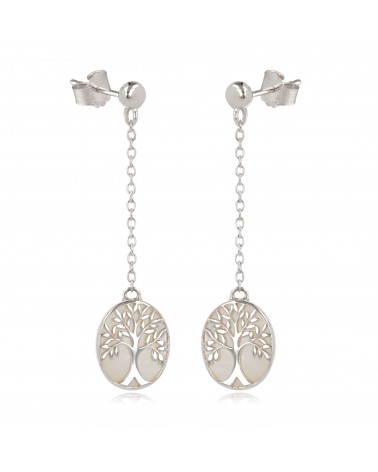 gift idea for women-Gift Jewelry Symbol Tree of Life-Earrings - white mother of pearl Sterling Silver-Oval-Woman