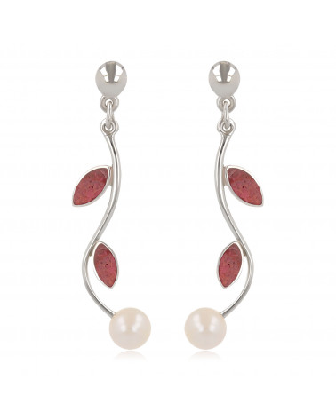 Women's Gift Idea-Dangle Earrings- Pearl White Mother of pearl- coral Petals- Sterling Silver-Women