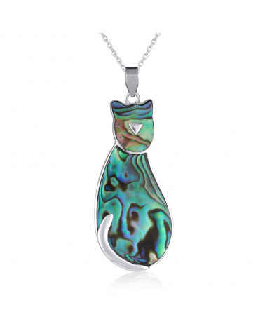 Abalone mother-of-pearl pendant cat shape on rhodium 925 sterling silver