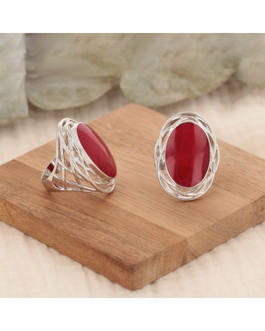 Red coral cabochon ring oval shape with rhodium 925 sterling silver