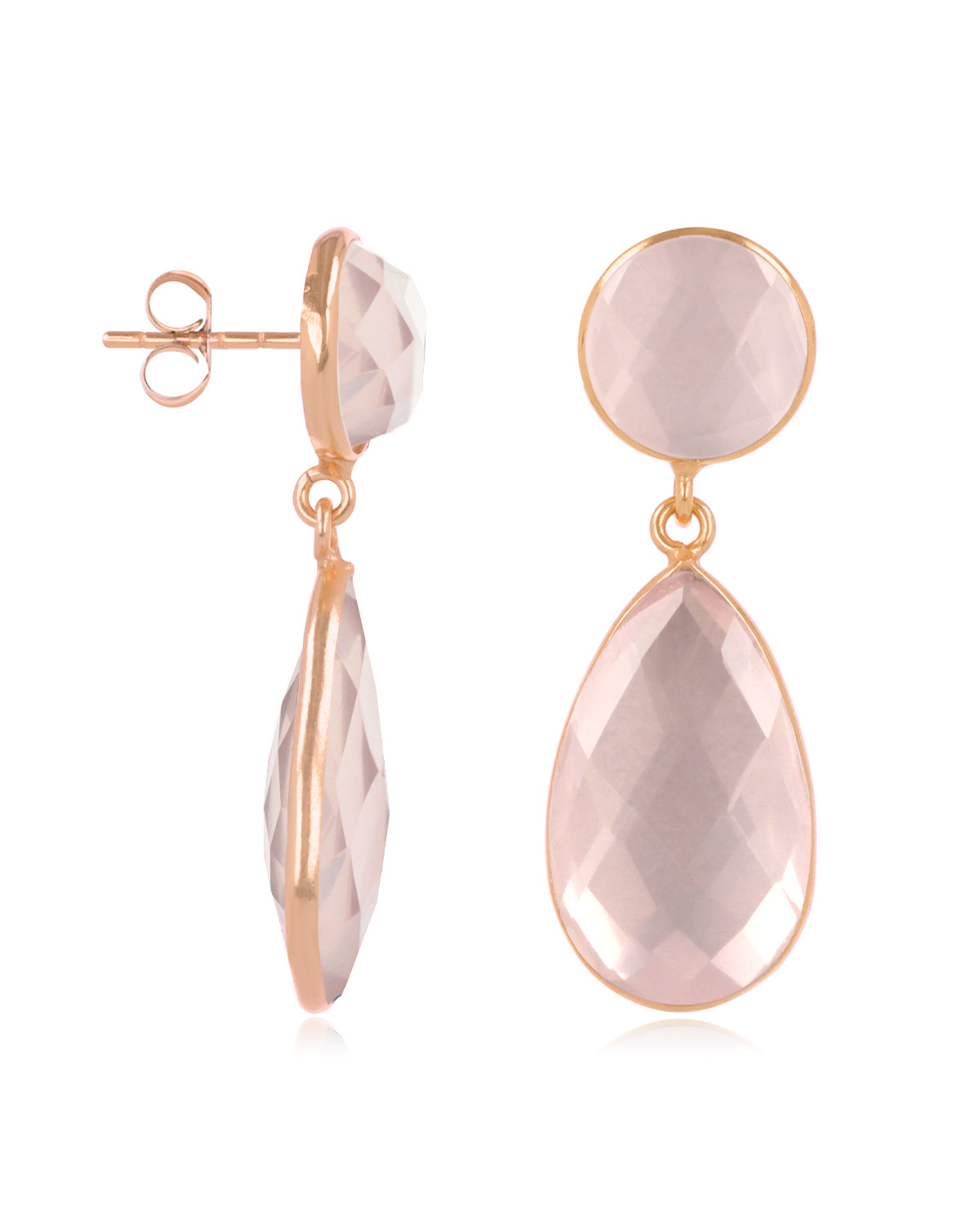 Natural Pink Quartz Earrings, setting fine rose gold plated on 925 sterling silver