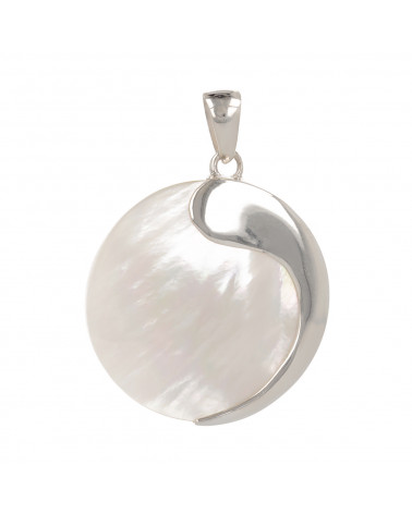 White mother-of-pearl triskell pendant round shape on rhodium 925 sterling silver