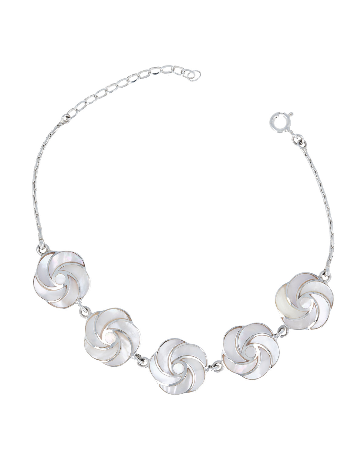 Bracelet en fleur de nacre blanche effet spirale sur chaîne argent 925