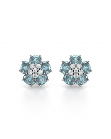 Boucles d'oreille Fleur Aigue-Marine et Diamants sur Argent 925 2.86grs