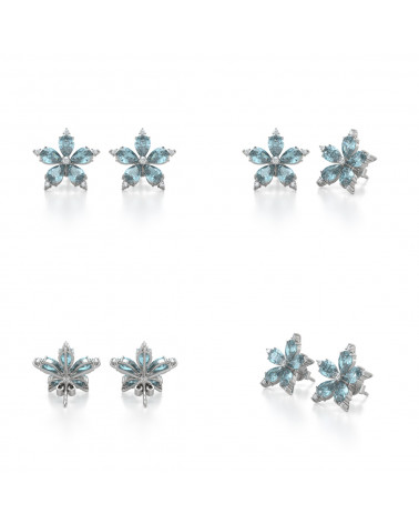 Boucles d'oreille Fleur Aigue-Marine et Diamants sur Argent 925 4.52grs