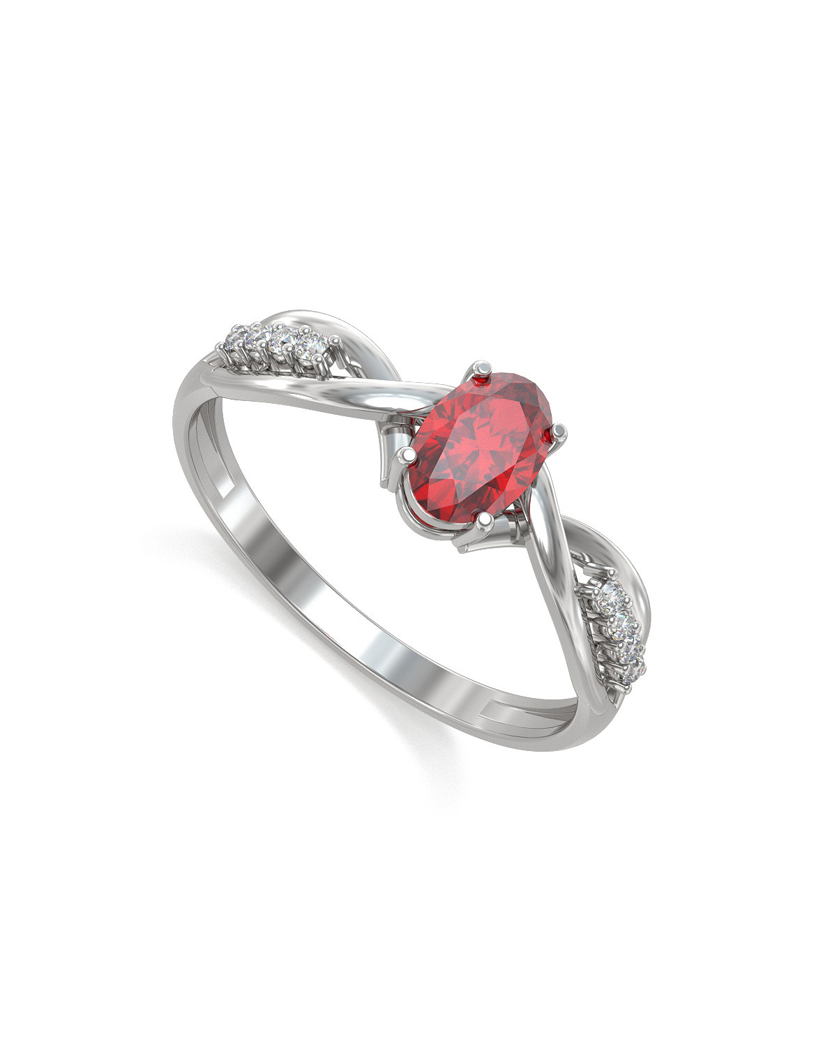 Bague de fiançailles rubis épaulée 8 diamants sur anneau d'argent rhodié