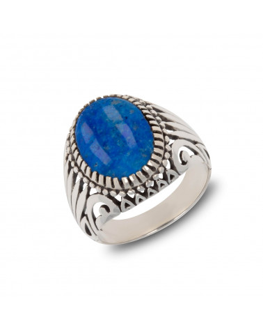 Bague créateur pour homme faite à la main-Pierre de Lapis Lazuli ovale bleu-Argent massif effet vieilli-bague biker