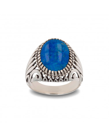 Bague créateur pour femme faite à la main-Pierre de Lapis Lazuli ovale bleu-Argent massif effet vieilli-bague biker