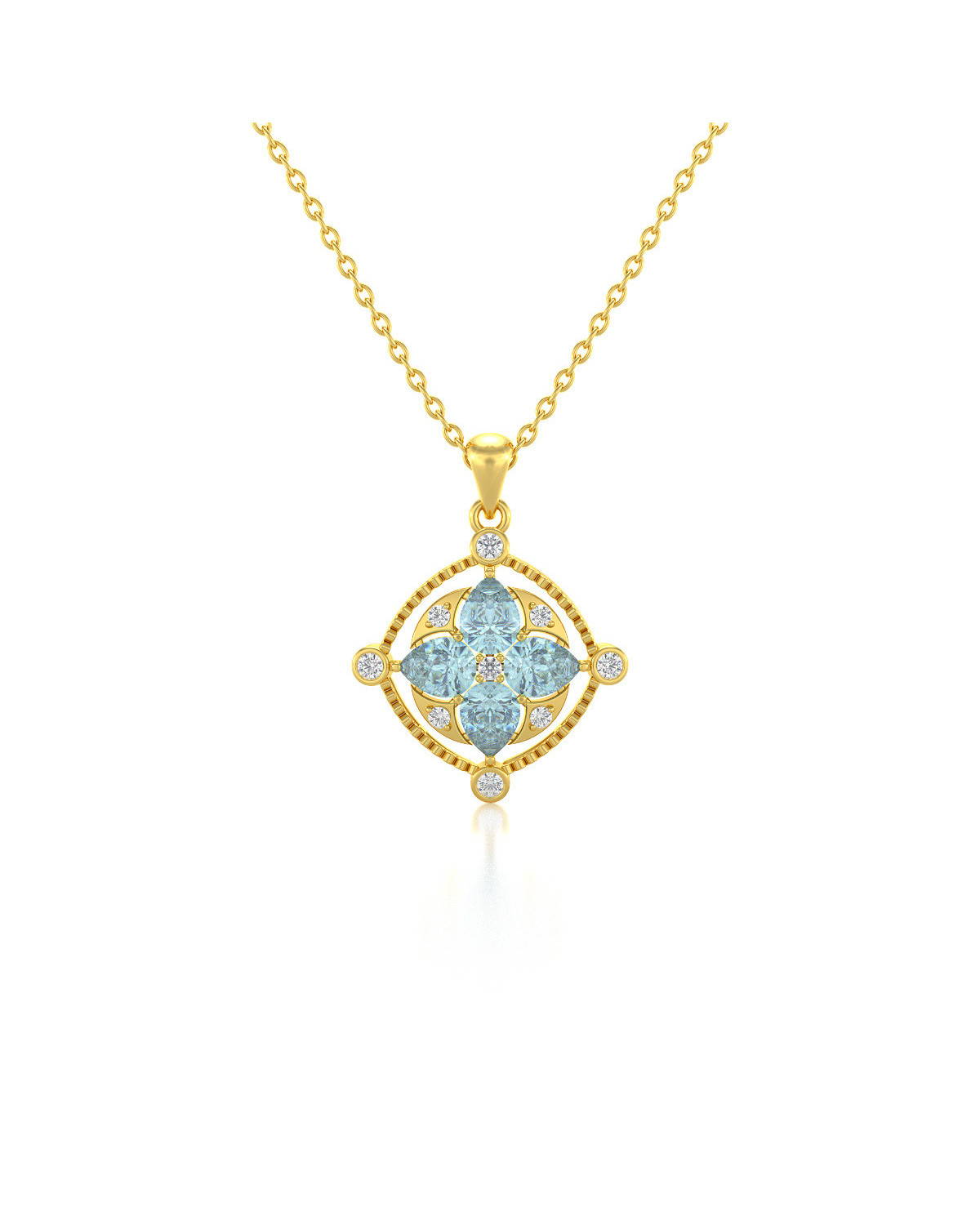 14K Gold Aquamarine Diamonds Necklace Pendant Gold Chain included