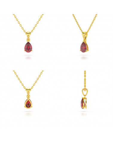 Détails du serti 3 griffes et finitions du pendentif Elsa rubis taille poire en or jaune