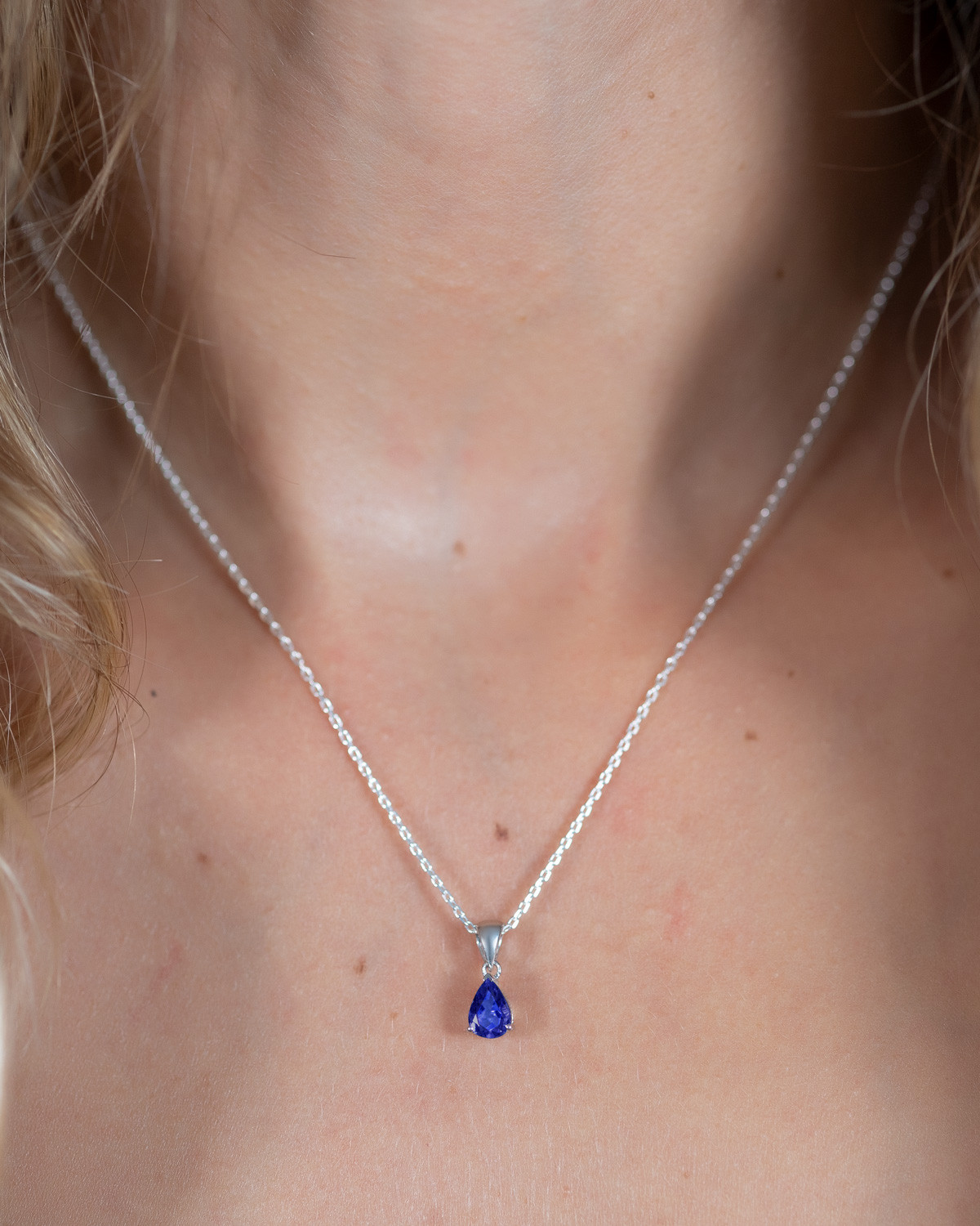 Silver Sapphire & Cz Pear Pendant & Chain | Sapphire Necklace UK
