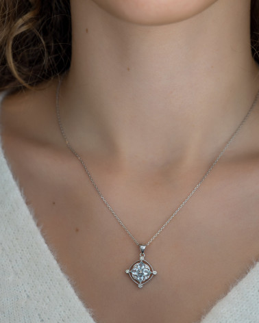 Colgante Pendente Acquamarina Diamanti Catena Argento inclusa