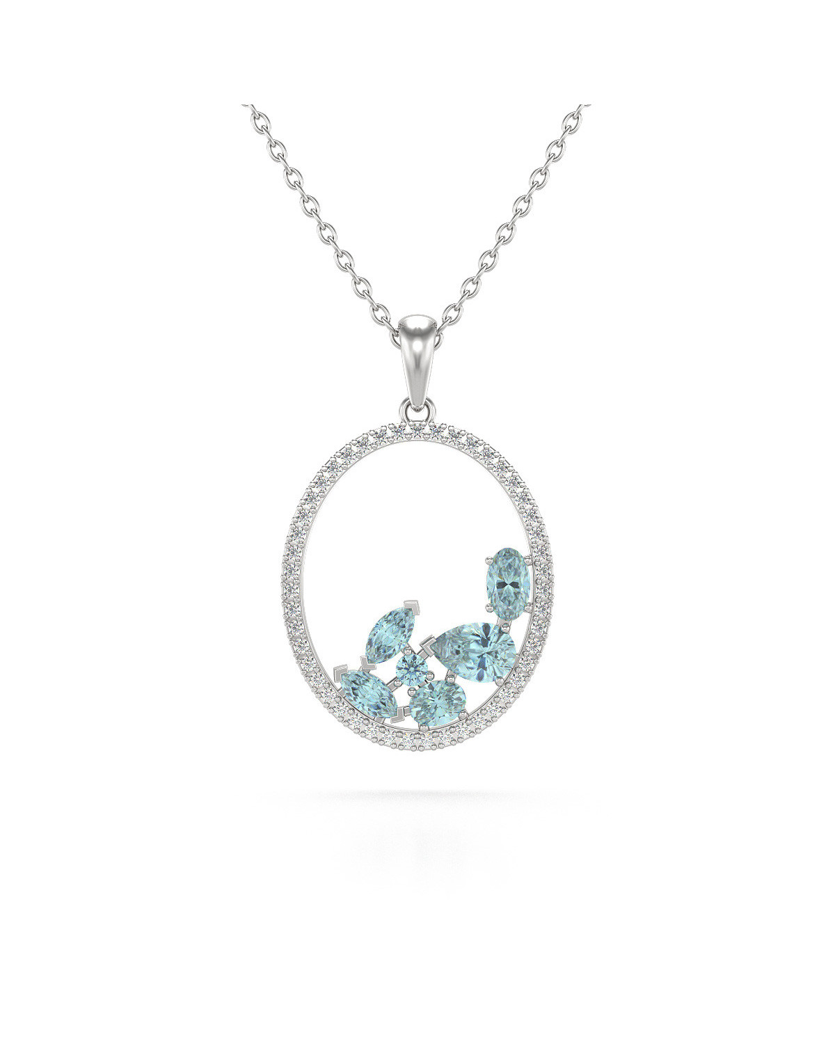 925 Silver Aquamarine Diamonds Necklace Pendant Chain included