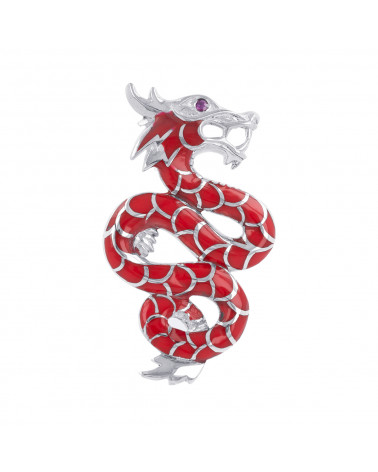 Pendentif dragon argent massif Corallo Zirconium rouge chaîne serpent incluse