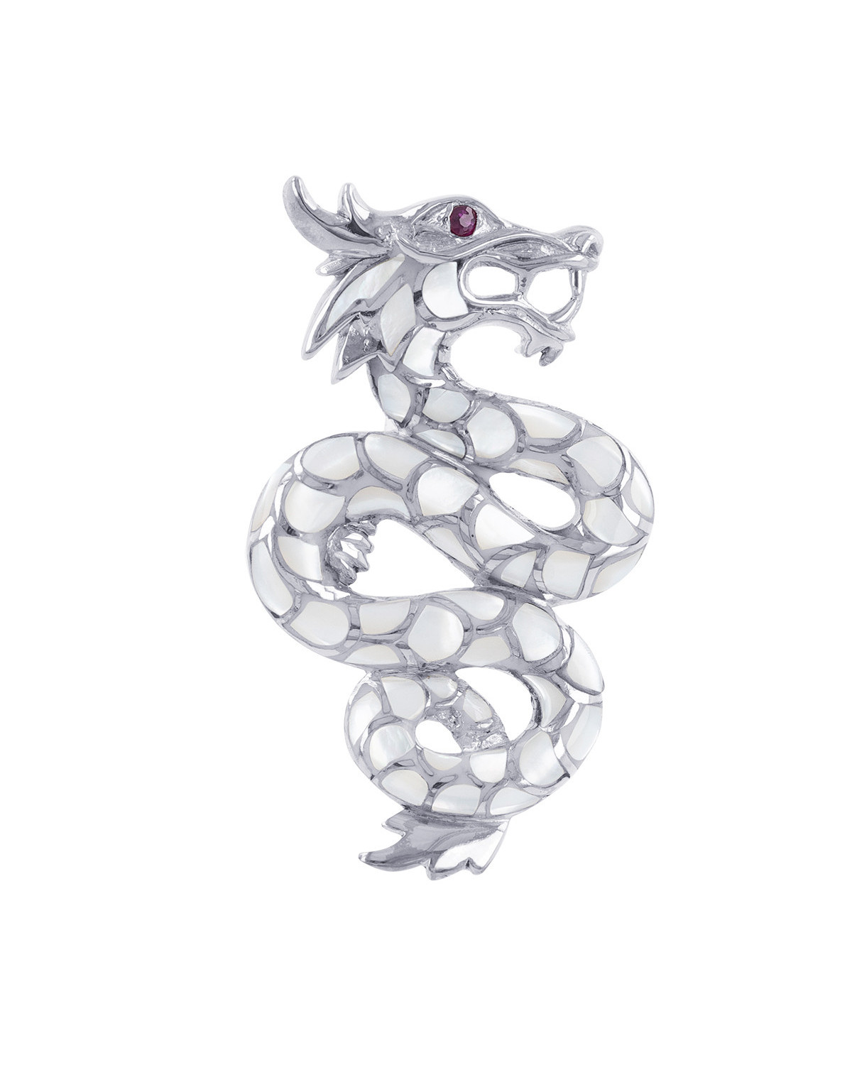 Pendentif dragon argent massif nacre blanche Zirconium rouge chaîne serpent incluse