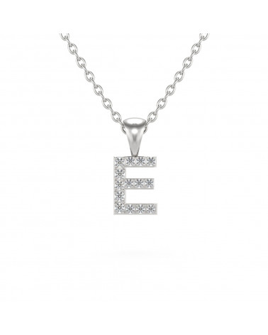 Collier Pendentif Lettre E Or Blanc Diamant Chaine Or incluse 0.72grs