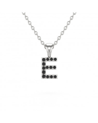 Collier Pendentif Lettre E Or Blanc Diamant Noir Chaine Or incluse 0.72grs
