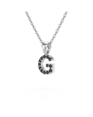 Collier Pendentif Lettre G Diamant Noir Chaine Argent 925 incluse 0.72grs