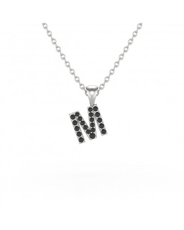 Collier Pendentif Lettre M Diamant Noir Chaine Argent 925 incluse 0.72grs