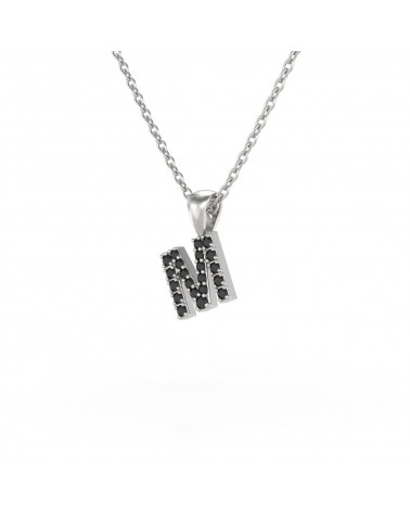 Collier Pendentif Lettre M Diamant Noir Chaine Argent 925 incluse 0.72grs