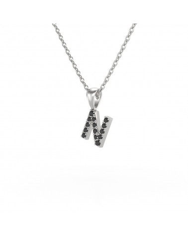 Collier Pendentif Lettre N Diamant Noir Chaine Argent 925 incluse 0.72grs