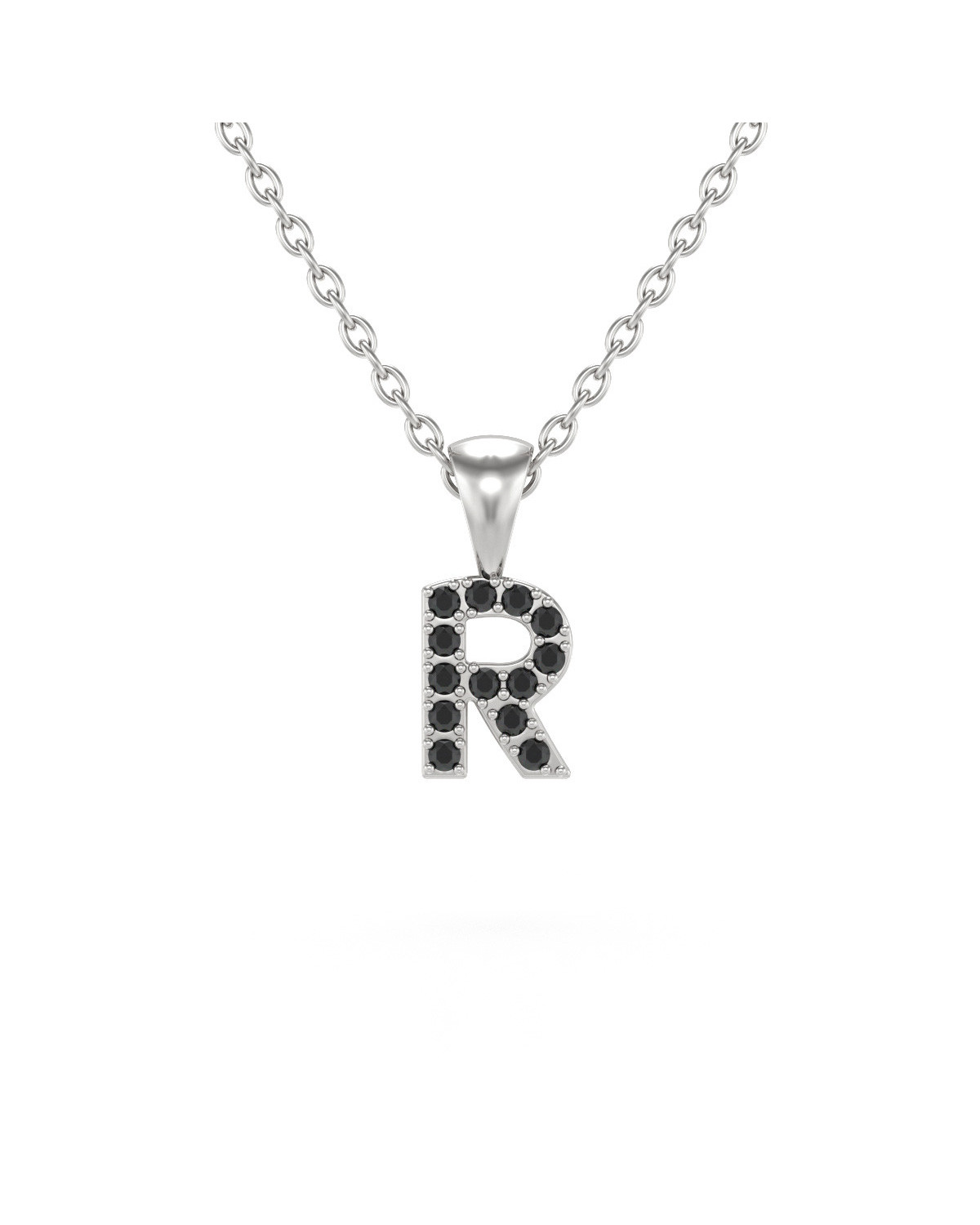 Collier Pendentif Lettre R Diamant Noir Chaine Argent 925 incluse 0.72grs