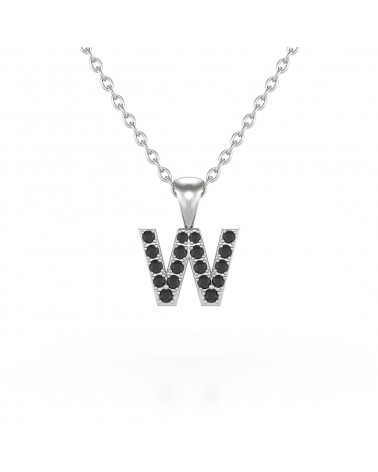 Collier Pendentif Lettre W Or Blanc Diamant Noir Chaine Or incluse 0.72grs