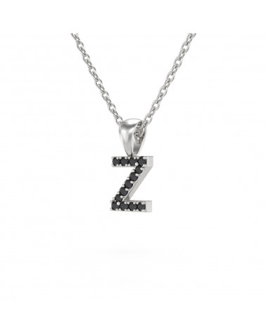 Collier Pendentif Lettre Z Or Blanc Diamant Noir Chaine Or incluse 0.72grs