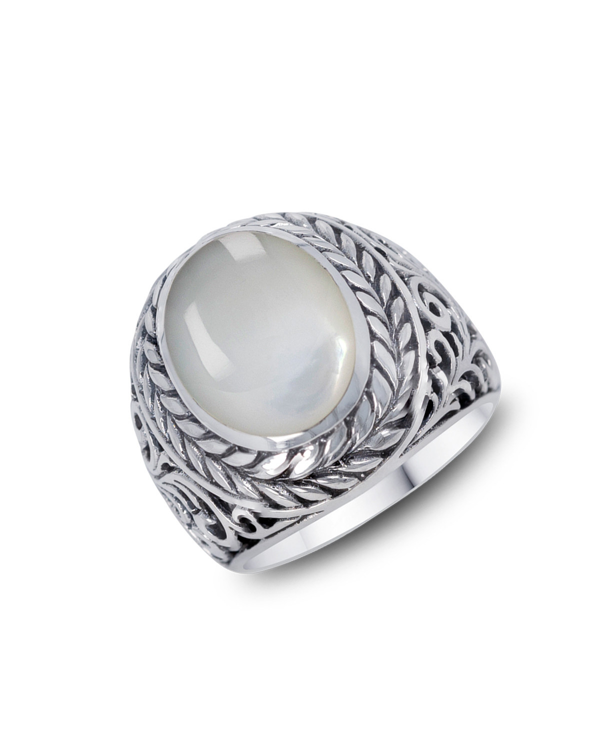 Anello in argento 925 con cabochon di madreperla bianca naturale