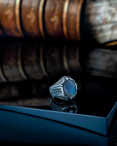 Bague Homme Pierre de Labradorite ovale bleue Argent massif effet vieilli