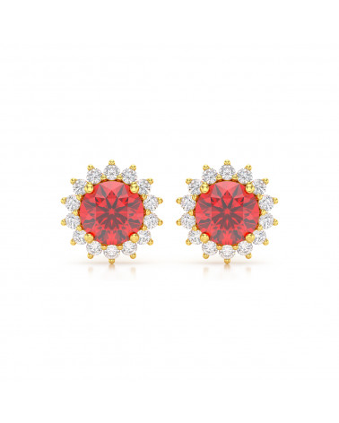 Boucles d'oreille en or jaune serties de rubis ronds et diamants - Collection Florale