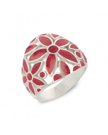 Anello con motivo a fiori in corallo rosso coltivato e argento sterling - gioiello elegante e floreale