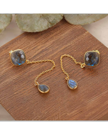 Zoom sur les détails des boucles d’oreilles en argent 925 et Labradorite dorée à l’or fin