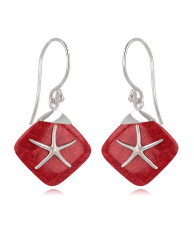 Boucles d'oreilles Etoile de Mer en Corail Rouge sertie Argent 925-millième