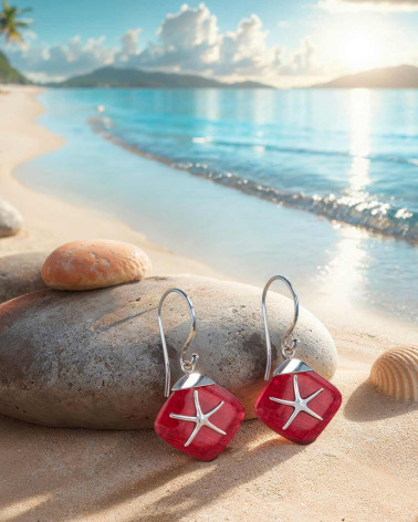 Starfish Red Coral Earrings Set in 925 Silver