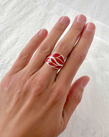 Anello in Corallo e Argento Sterling 925 - Elegante Motivo a Foglia