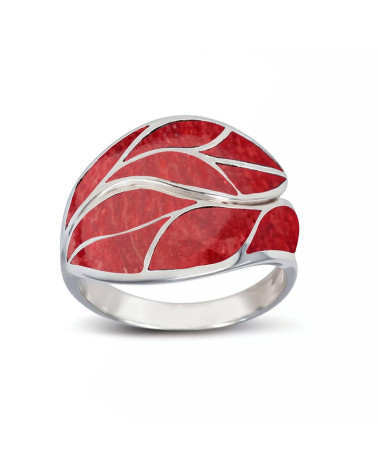 Coral and Sterling Silver Ring 925 - Elegant Leaf Motif