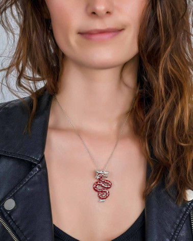 Pendentif dragon argent 925 Corail Zirconium rouge