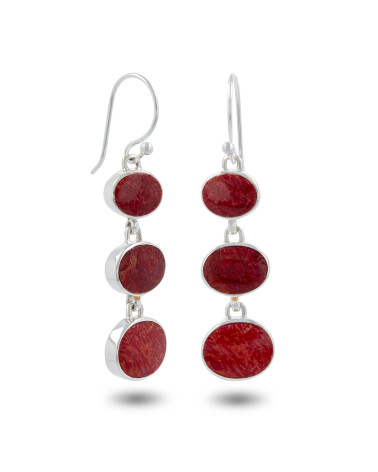 Oval Red Coral and Sterling Silver 925 Drop Earrings